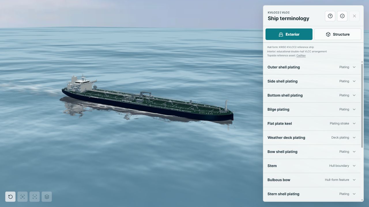 KVLCC2-based tanker rendered in HullStudy with the exterior terminology list
